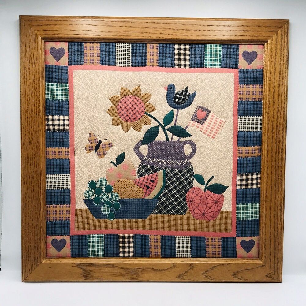 Handmade Patchwork Quilted Floral Wallhanging In Solid Oak Frame 19x19 Inches